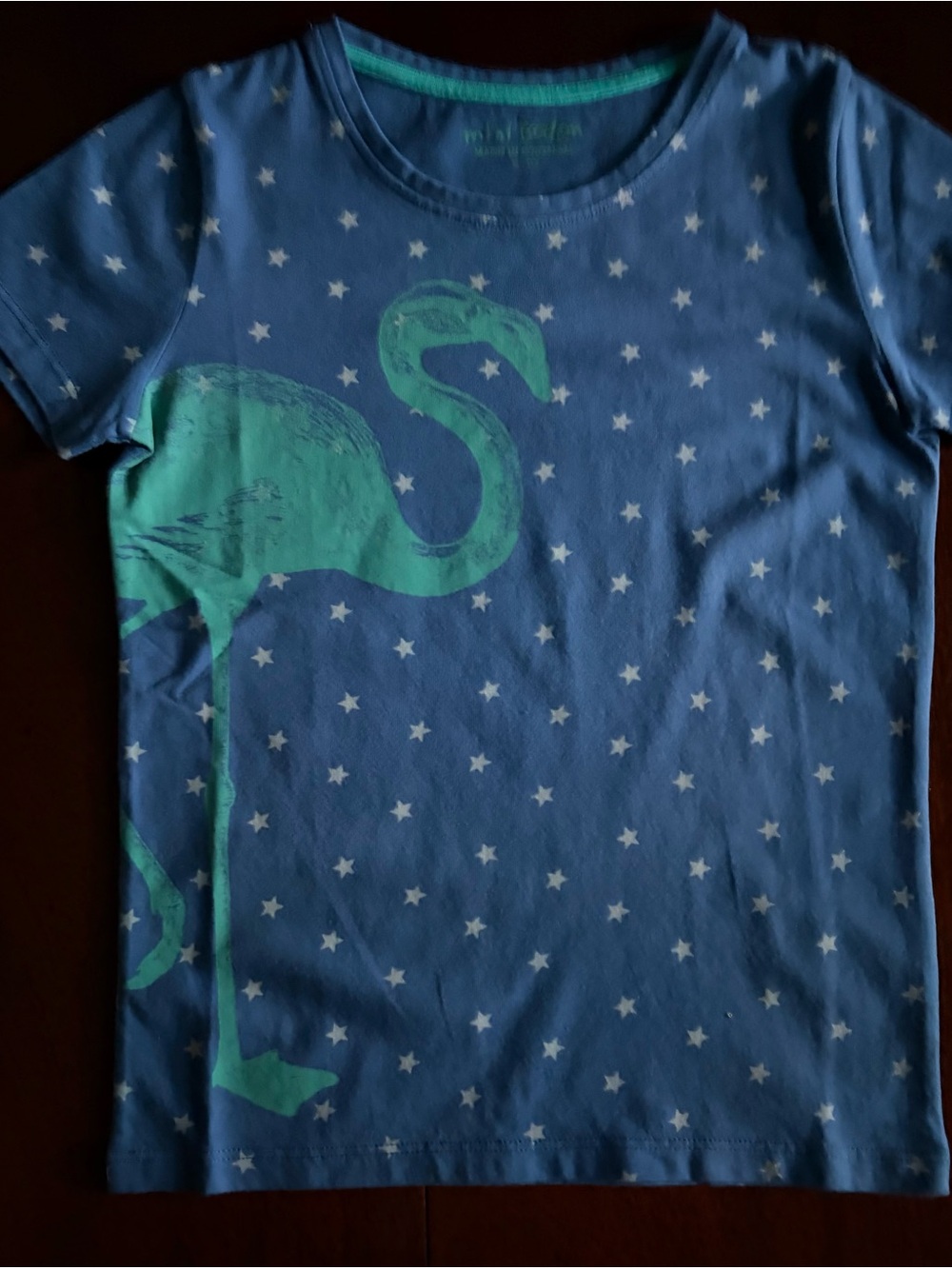 Mini Boden Blue Tee with Green Flamingo & White Stars